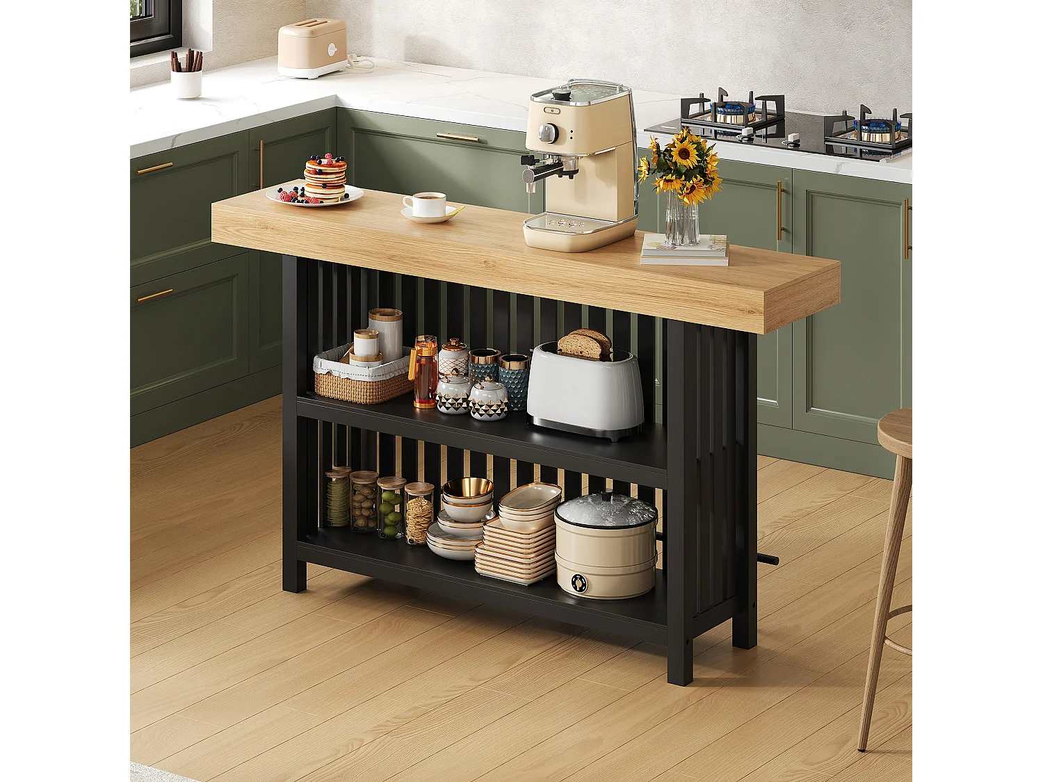Küchenbar 160x40x105cm – mit Fußstütze und Regal – Schwarz