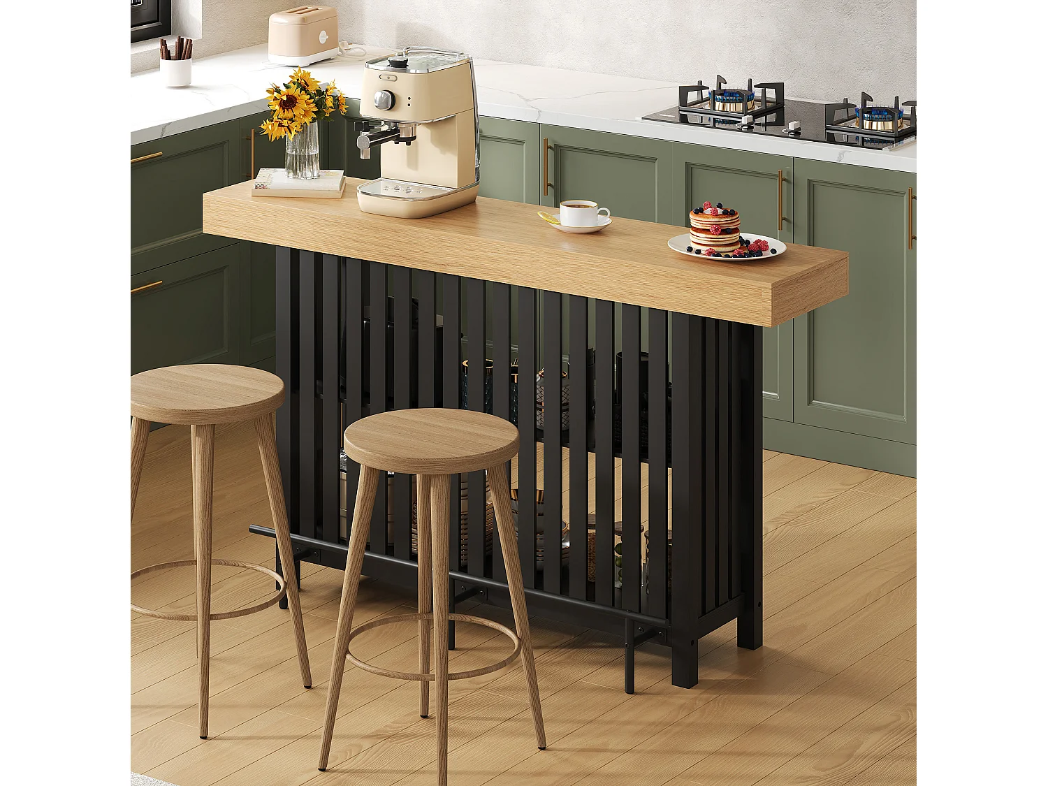 Küchenbar 160x40x105cm – mit Fußstütze und Regal – Schwarz