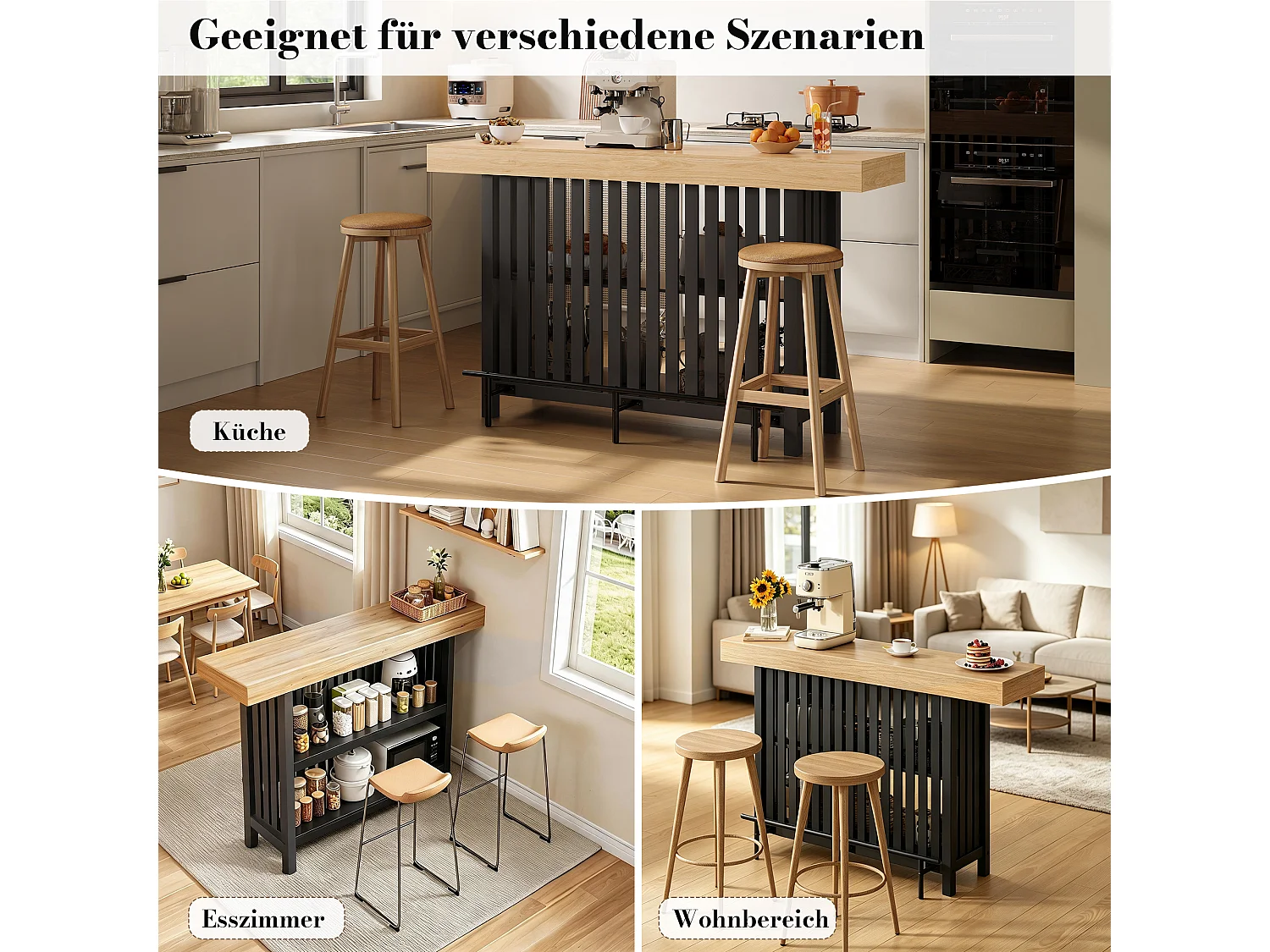 Küchenbar 160x40x105cm – mit Fußstütze und Regal – Schwarz