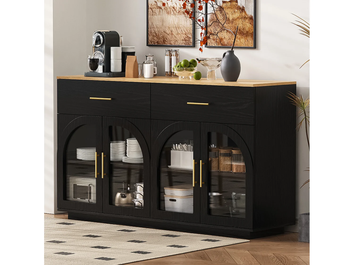 Modern buffet 57,9x15,7x33,9cm - met 2 deuren en 2 lades - met LED-verlichting - Zwart