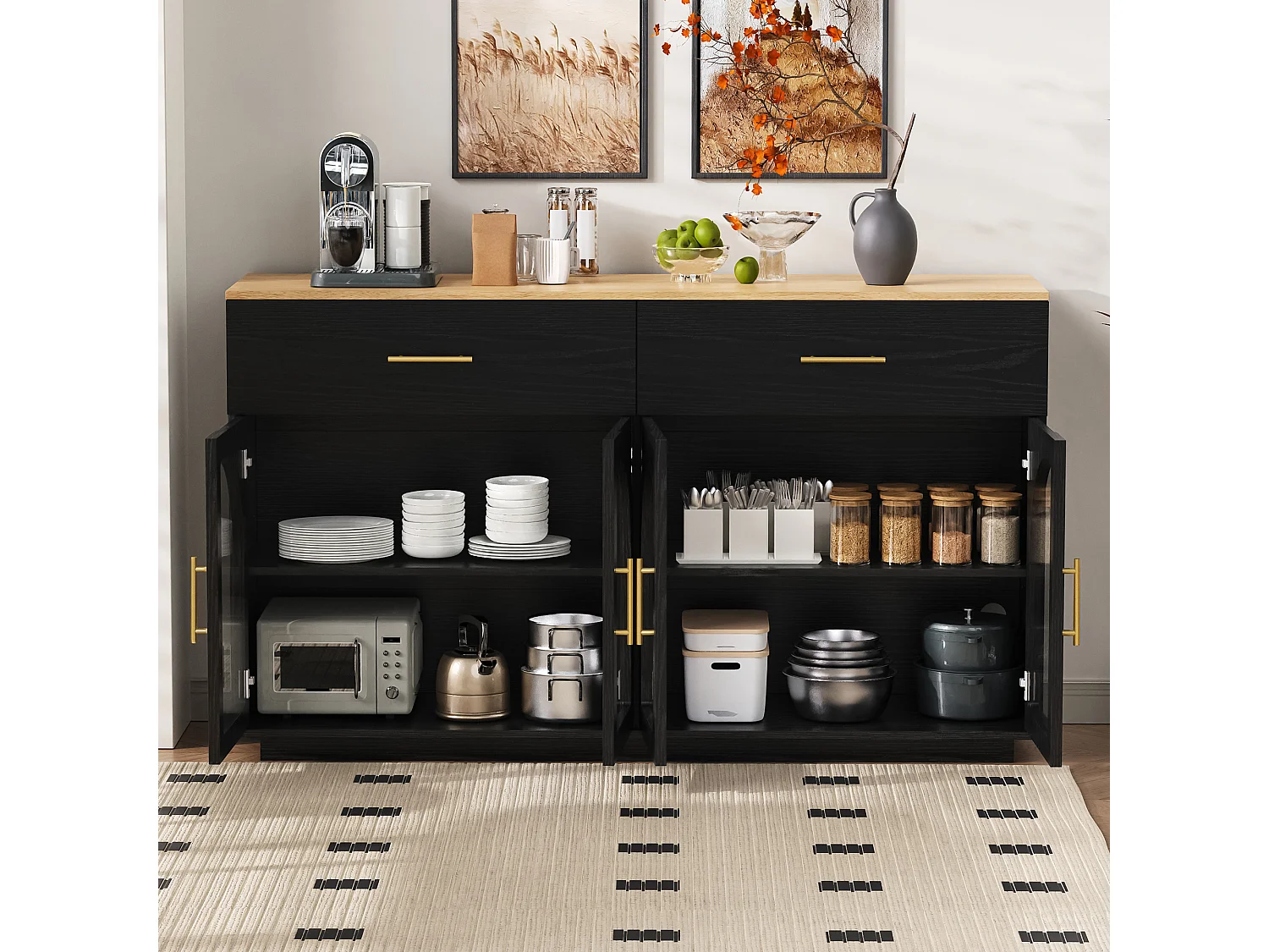 Modern buffet 57,9x15,7x33,9cm - met 2 deuren en 2 lades - met LED-verlichting - Zwart
