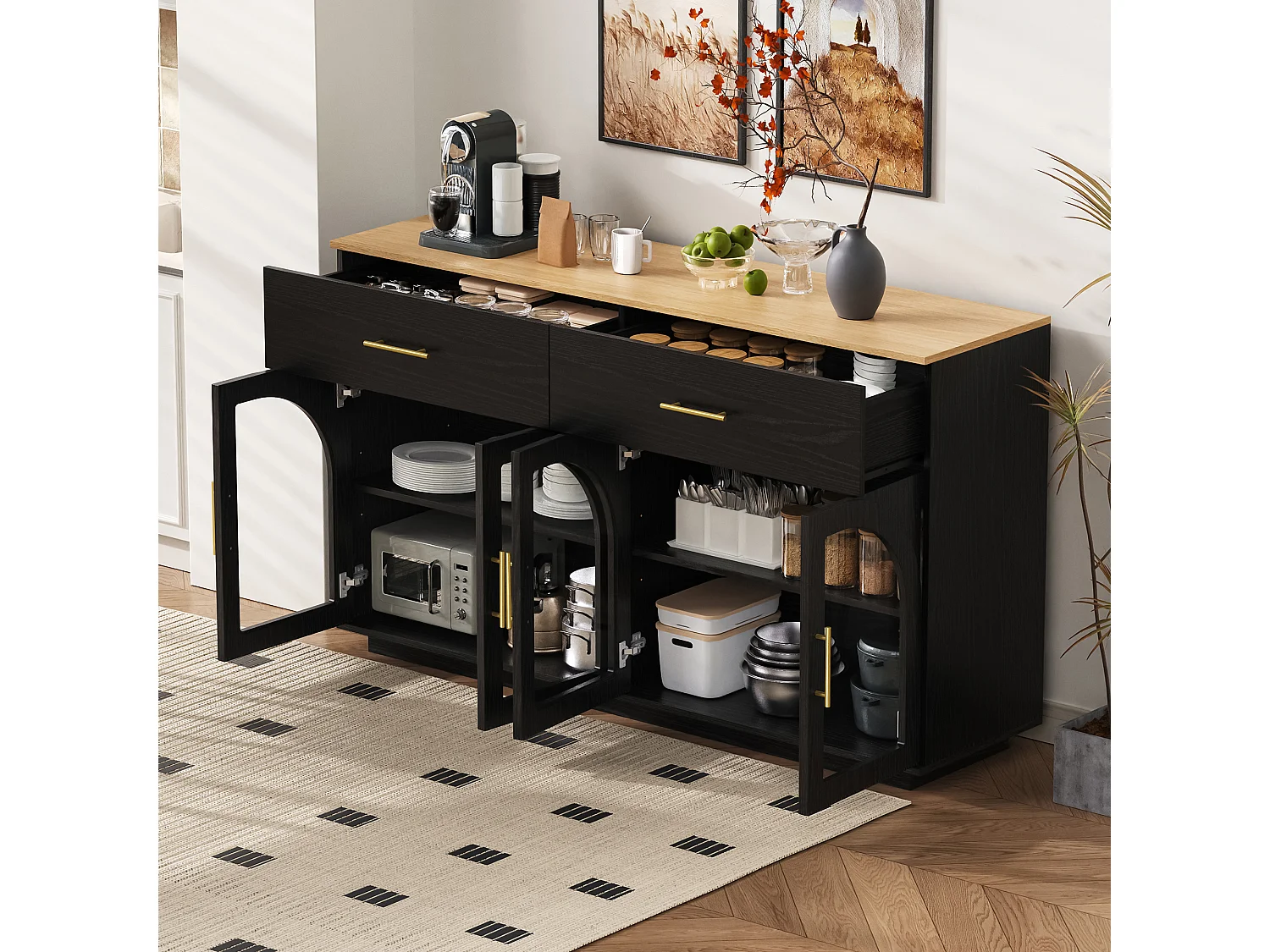 Modern buffet 57,9x15,7x33,9cm - met 2 deuren en 2 lades - met LED-verlichting - Zwart