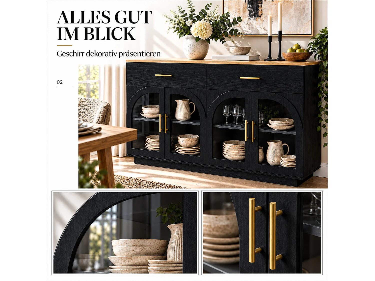 Modern buffet 57,9x15,7x33,9cm - met 2 deuren en 2 lades - met LED-verlichting - Zwart