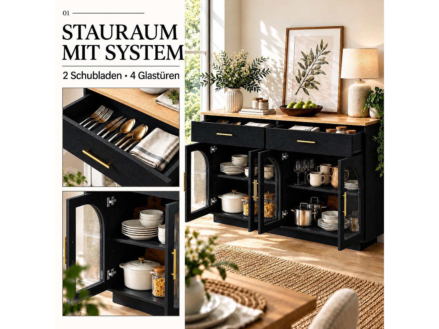 Modern buffet 57,9x15,7x33,9cm - met 2 deuren en 2 lades - met LED-verlichting - Zwart