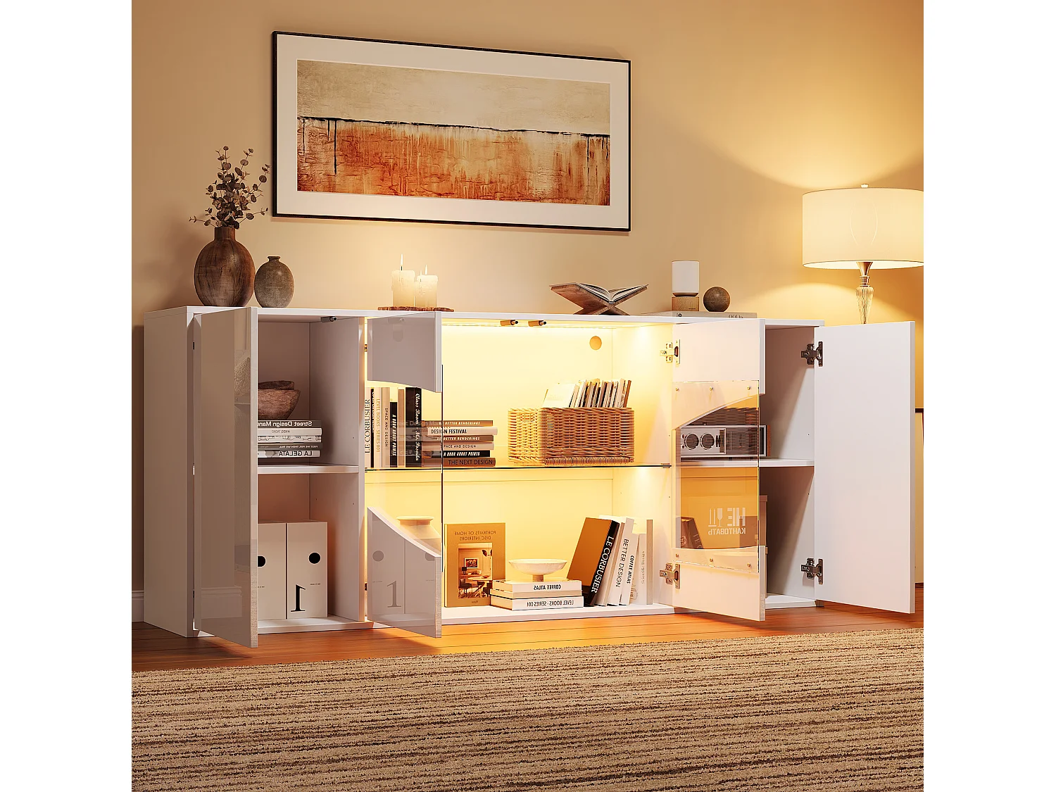 Glänzende Anrichte 160×35×70 cm glänzend – mit LED-Beleuchtung – 4 Türen, 6 Fächer und verstellbare Einlegeböden – Weiß