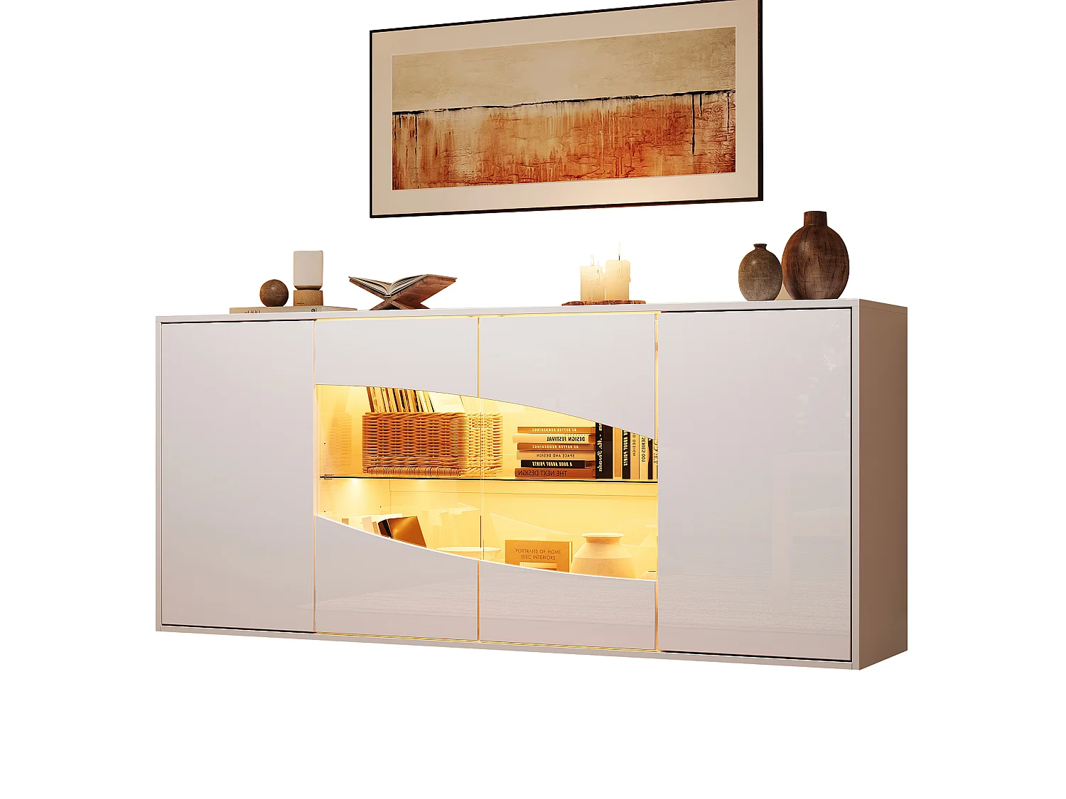 Glänzende Anrichte 160×35×70 cm glänzend – mit LED-Beleuchtung – 4 Türen, 6 Fächer und verstellbare Einlegeböden – Weiß