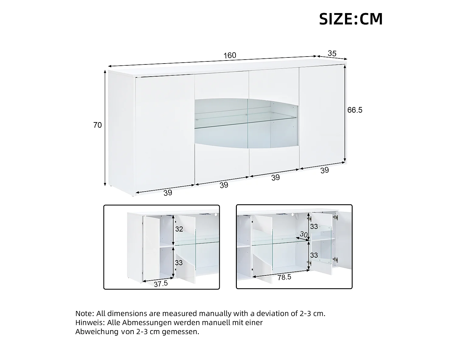 Glänzende Anrichte 160×35×70 cm glänzend – mit LED-Beleuchtung – 4 Türen, 6 Fächer und verstellbare Einlegeböden – Weiß