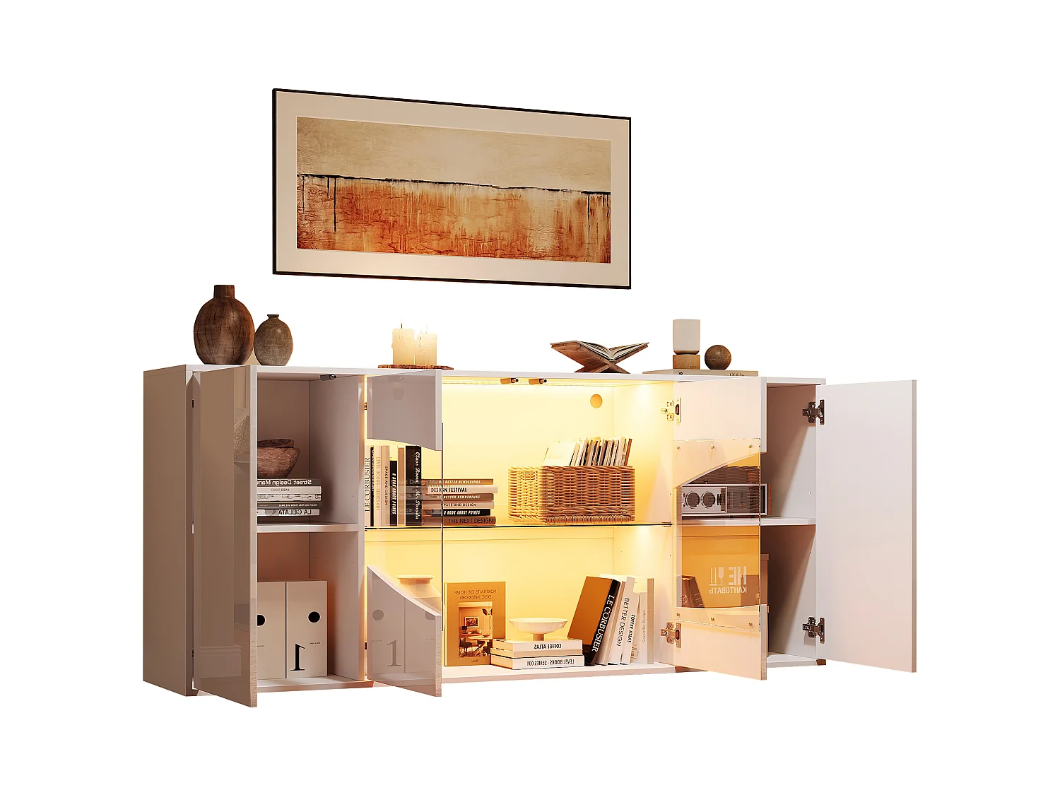 Glänzende Anrichte 160×35×70 cm glänzend – mit LED-Beleuchtung – 4 Türen, 6 Fächer und verstellbare Einlegeböden – Weiß