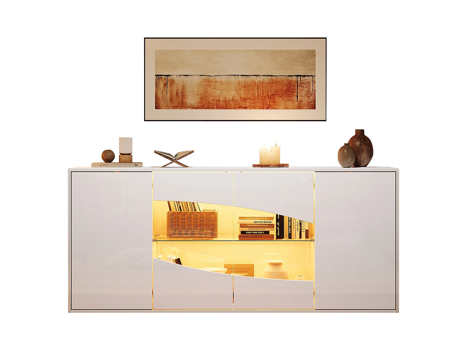 Glänzende Anrichte 160×35×70 cm glänzend – mit LED-Beleuchtung – 4 Türen, 6 Fächer und verstellbare Einlegeböden – Weiß