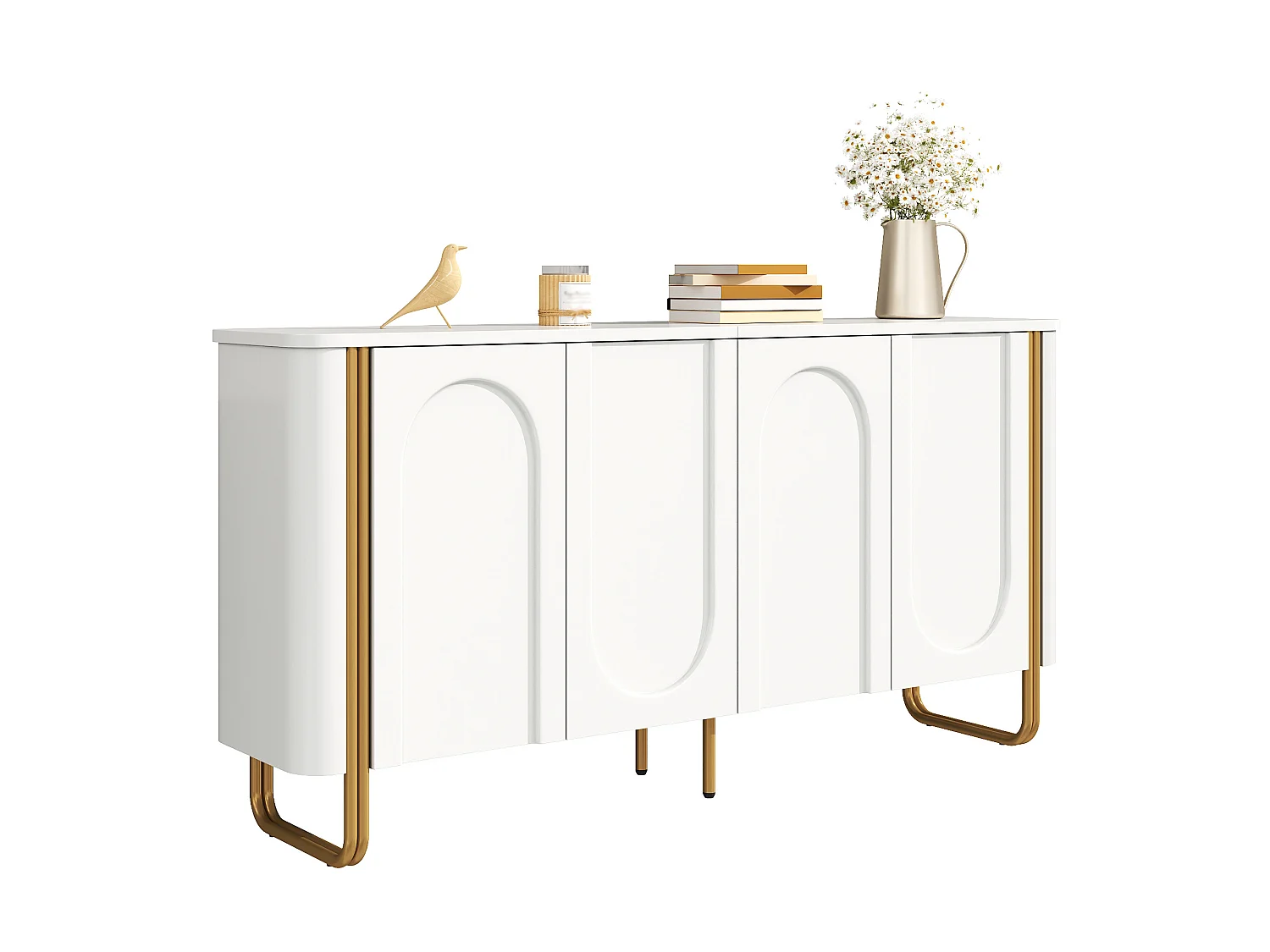 Modern sideboard 160x35x80.5 cm with metal legs - With 4 doors - Arched relief decor - Rounded design - MDF - White