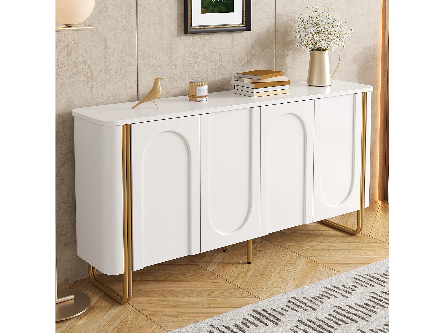 Modern sideboard 160x35x80.5 cm with metal legs - With 4 doors - Arched relief decor - Rounded design - MDF - White