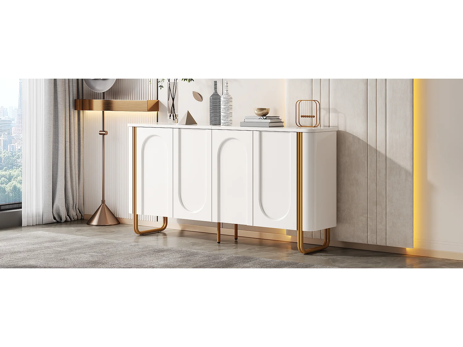 Modern sideboard 160x35x80.5 cm with metal legs - With 4 doors - Arched relief decor - Rounded design - MDF - White