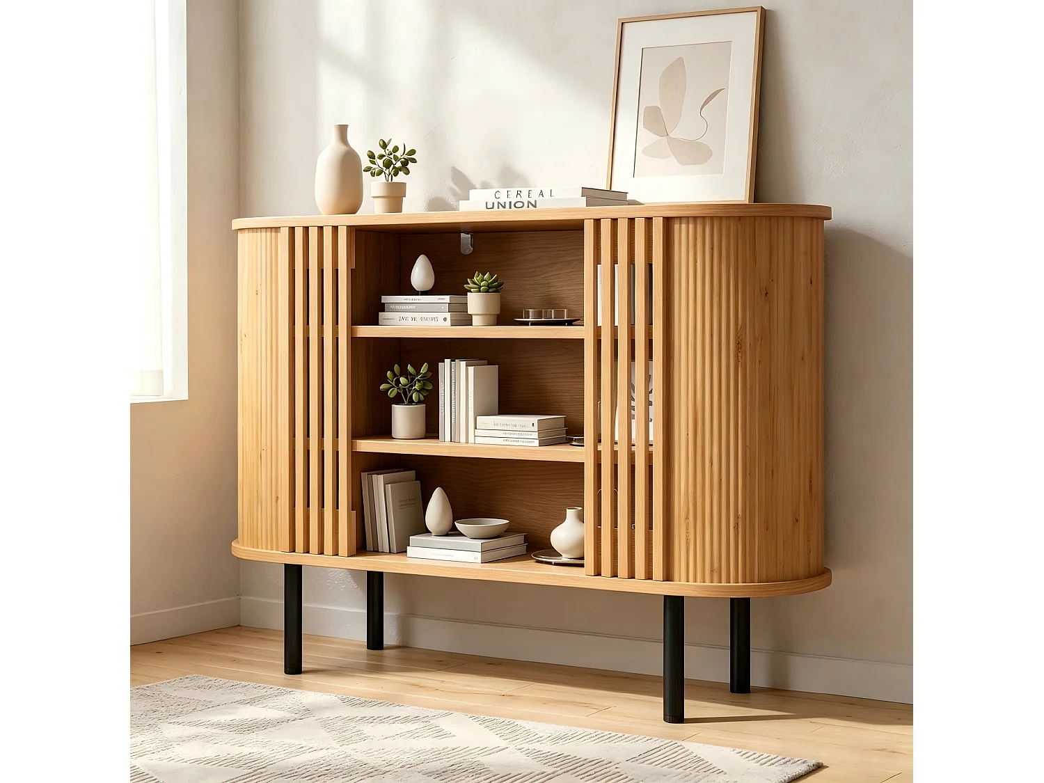 Buffet 120x40x80 cm - With 3 open compartments - Slatted design - Adjustable metal feet - MDF - Natural