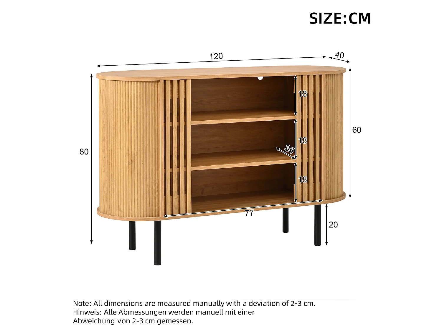 Buffet 120x40x80 cm - With 3 open compartments - Slatted design - Adjustable metal feet - MDF - Natural