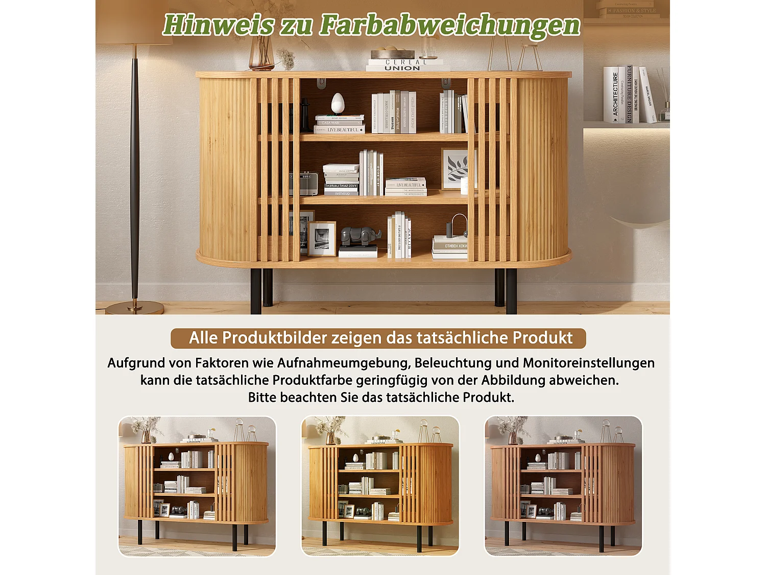 Buffet 120x40x80 cm - With 3 open compartments - Slatted design - Adjustable metal feet - MDF - Natural