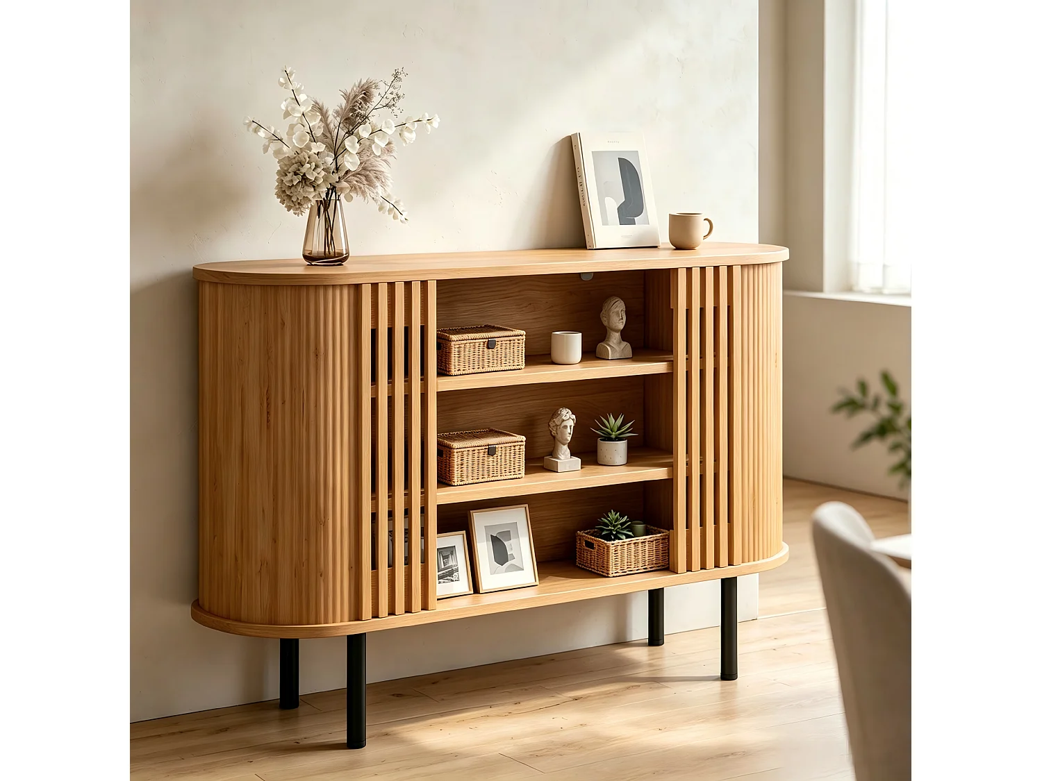 Buffet 120x40x80 cm - With 3 open compartments - Slatted design - Adjustable metal feet - MDF - Natural
