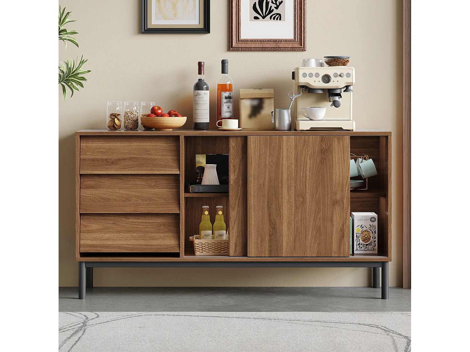 Buffet moderno 150x40x80cm - com 2 portas de correr e 3 gavetas - Marrom