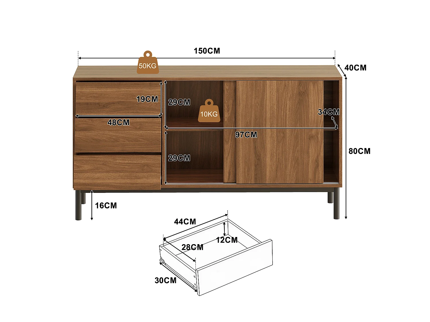 Buffet moderno 150x40x80cm - com 2 portas de correr e 3 gavetas - Marrom