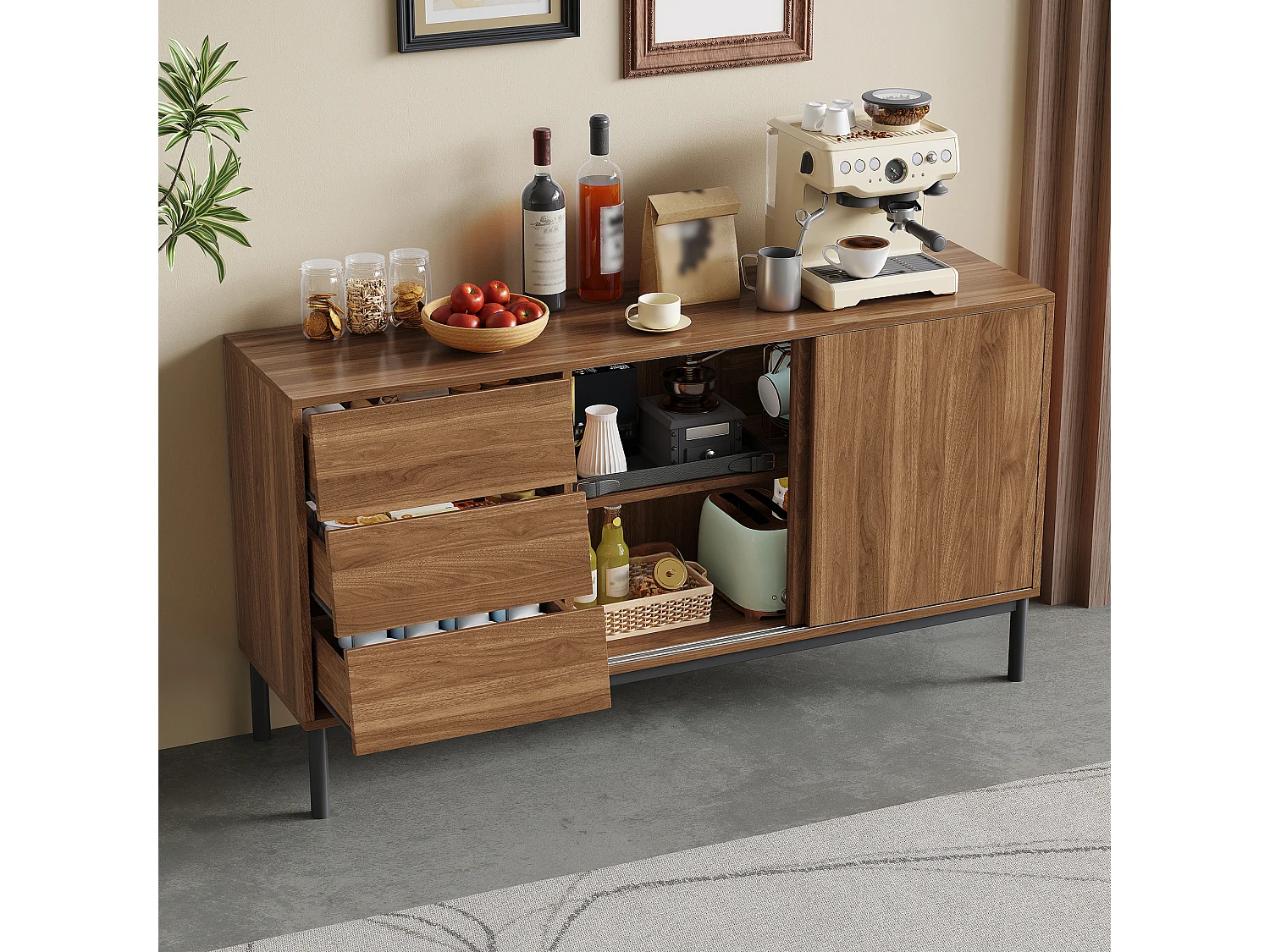 Buffet moderno 150x40x80cm - com 2 portas de correr e 3 gavetas - Marrom