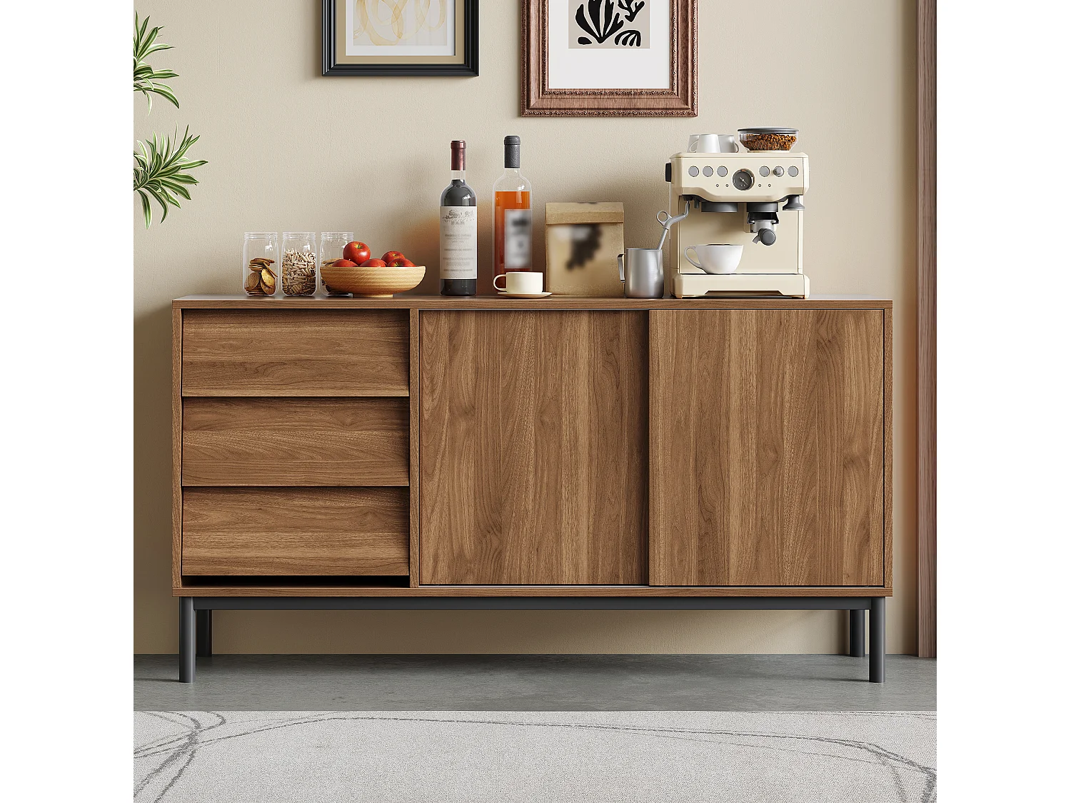 Buffet moderno 150x40x80cm - com 2 portas de correr e 3 gavetas - Marrom