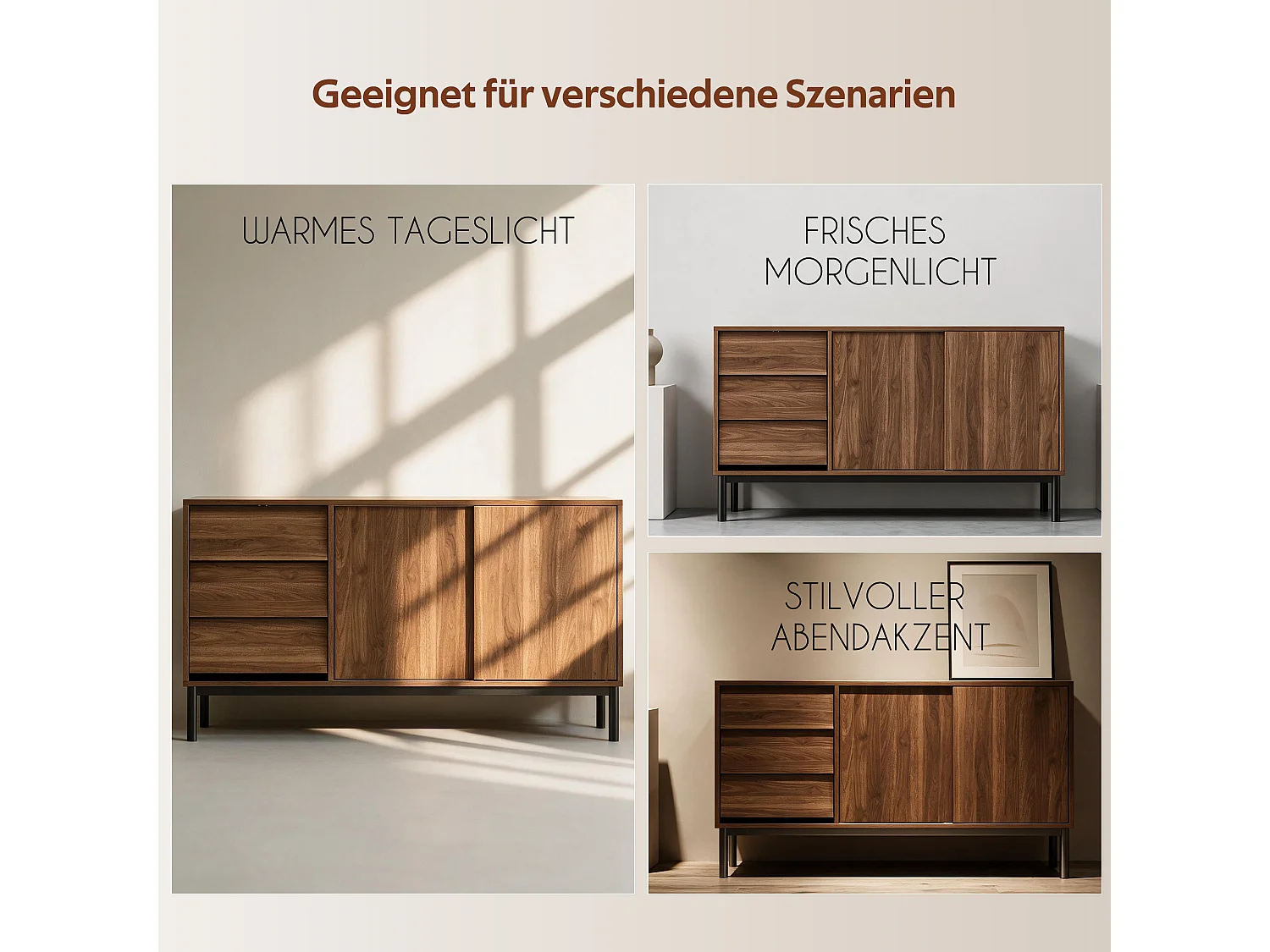 Buffet moderno 150x40x80cm - com 2 portas de correr e 3 gavetas - Marrom