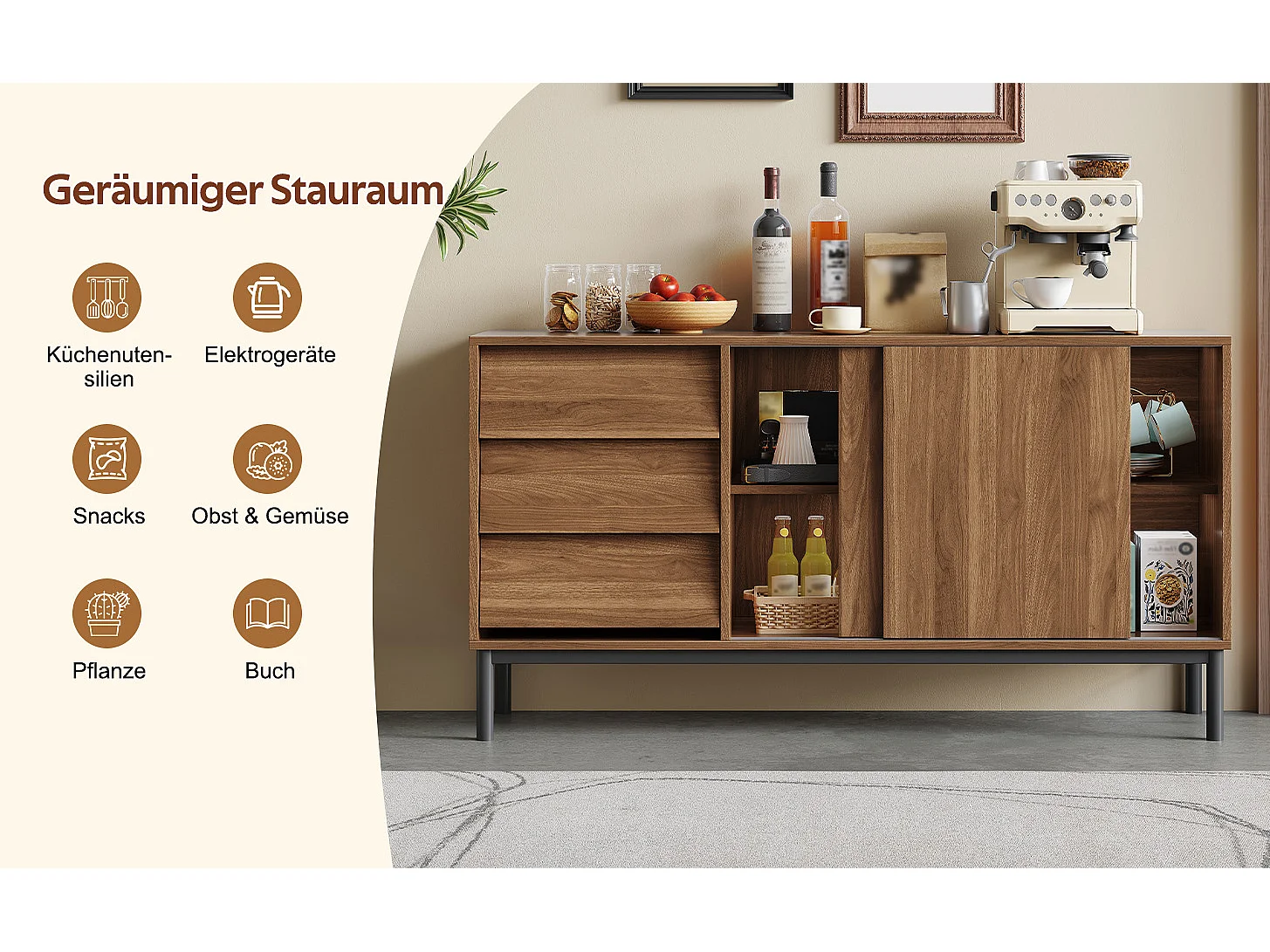 Buffet moderno 150x40x80cm - com 2 portas de correr e 3 gavetas - Marrom
