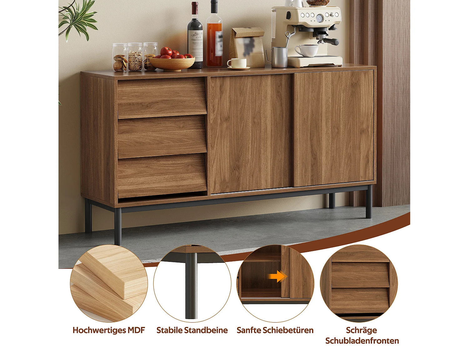 Buffet moderno 150x40x80cm - com 2 portas de correr e 3 gavetas - Marrom