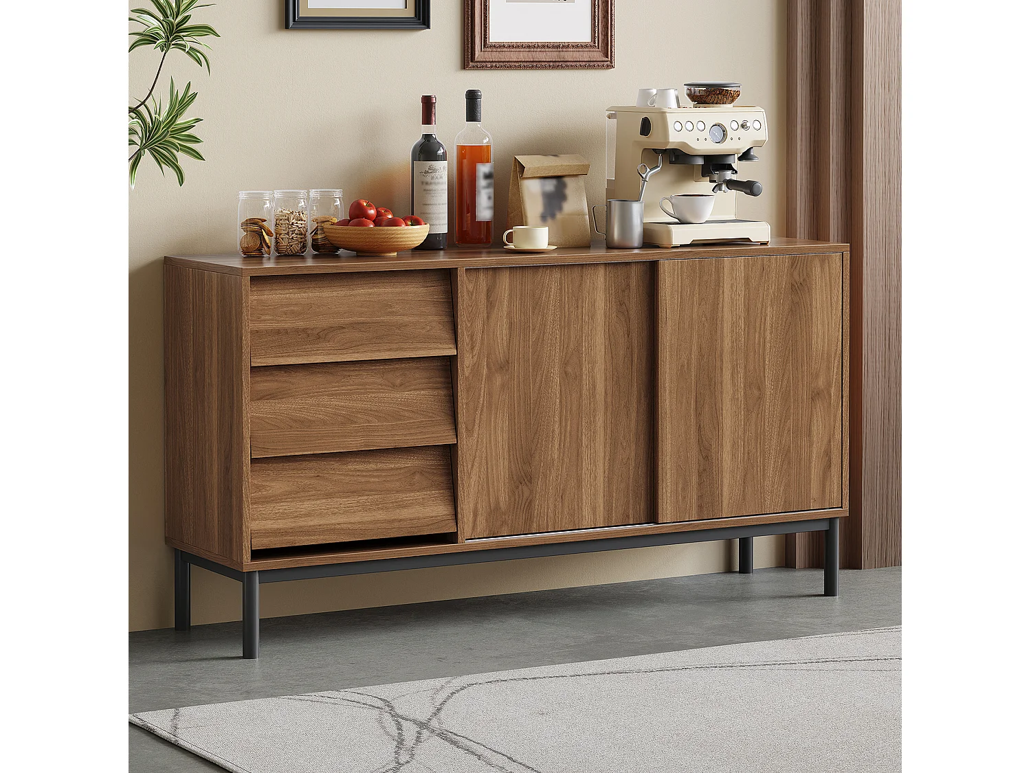 Buffet moderno 150x40x80cm - com 2 portas de correr e 3 gavetas - Marrom