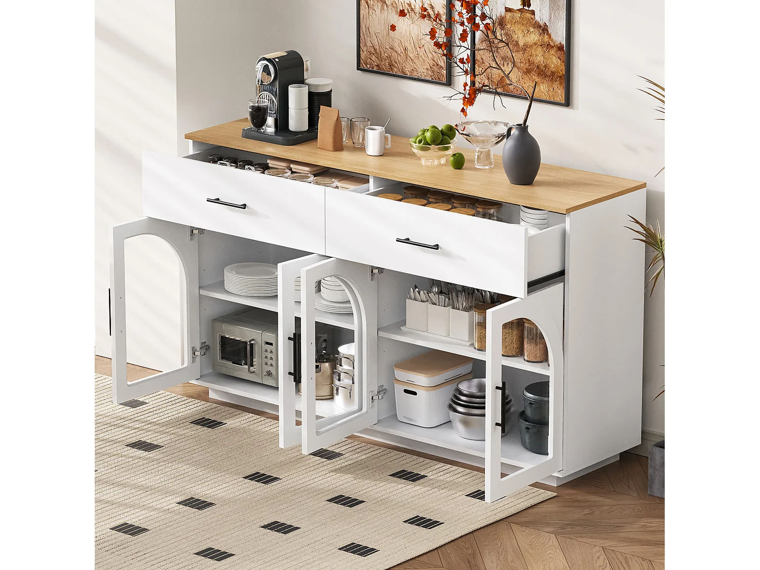 Modern buffet 57,9x15,7x33,9cm - met 2 deuren en 2 lades - met LED-verlichting - Wit