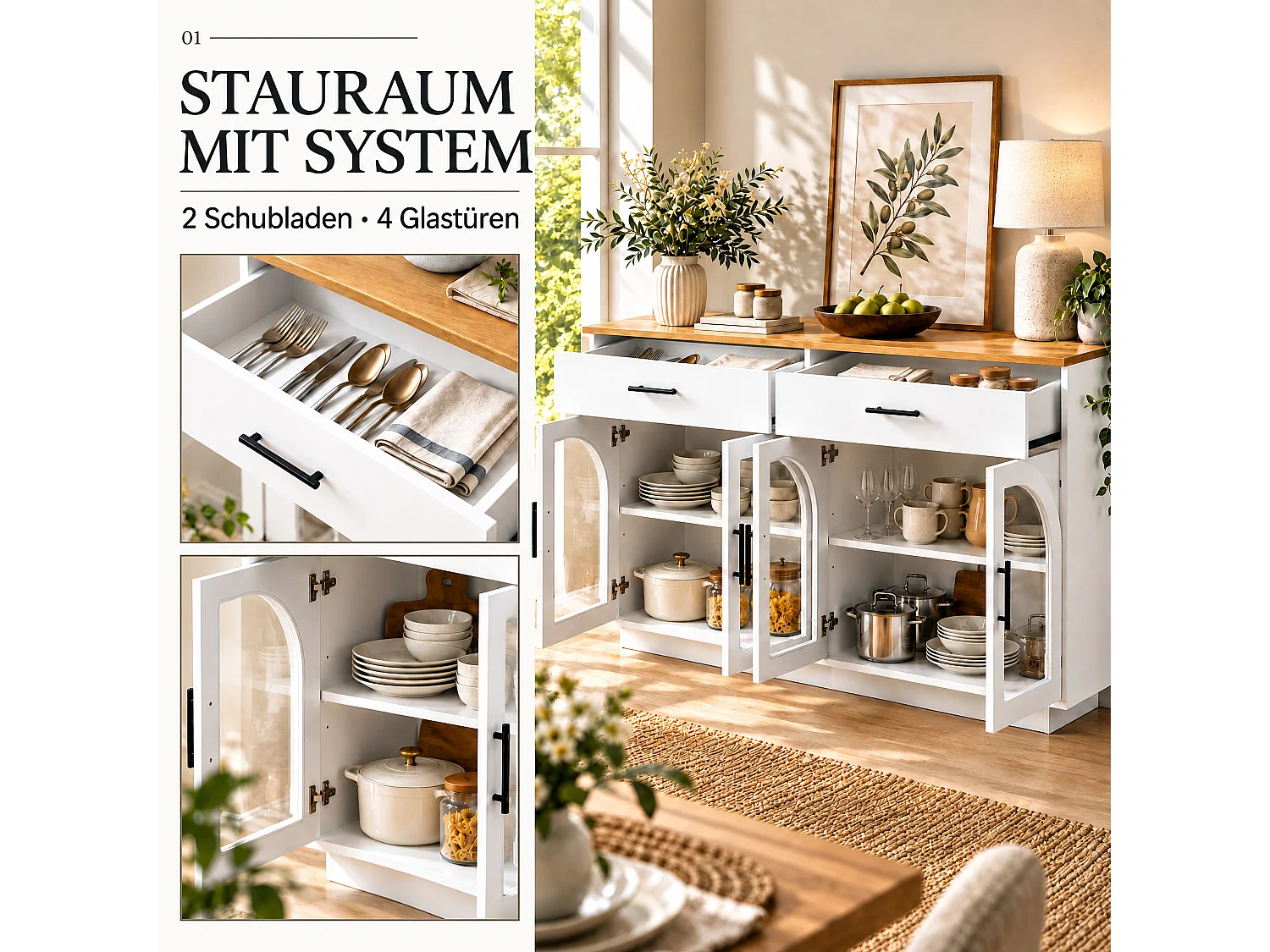 Modern buffet 57,9x15,7x33,9cm - met 2 deuren en 2 lades - met LED-verlichting - Wit