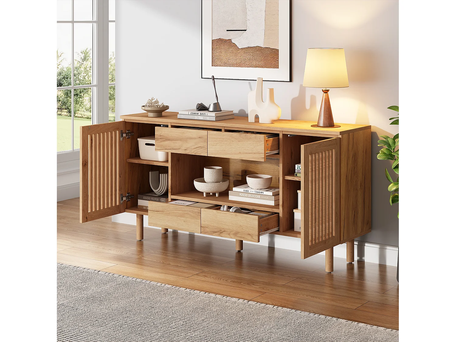 Buffet 140 x 35 x 71 cm - Com 4 gavetas e 2 portas de ripas - 5 pés em madeira maciça - MDF - Natural