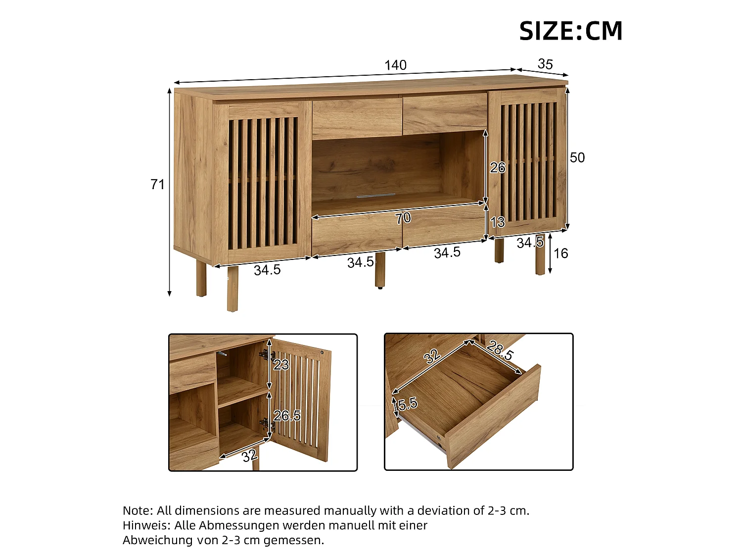 Buffet 140 x 35 x 71 cm - Com 4 gavetas e 2 portas de ripas - 5 pés em madeira maciça - MDF - Natural