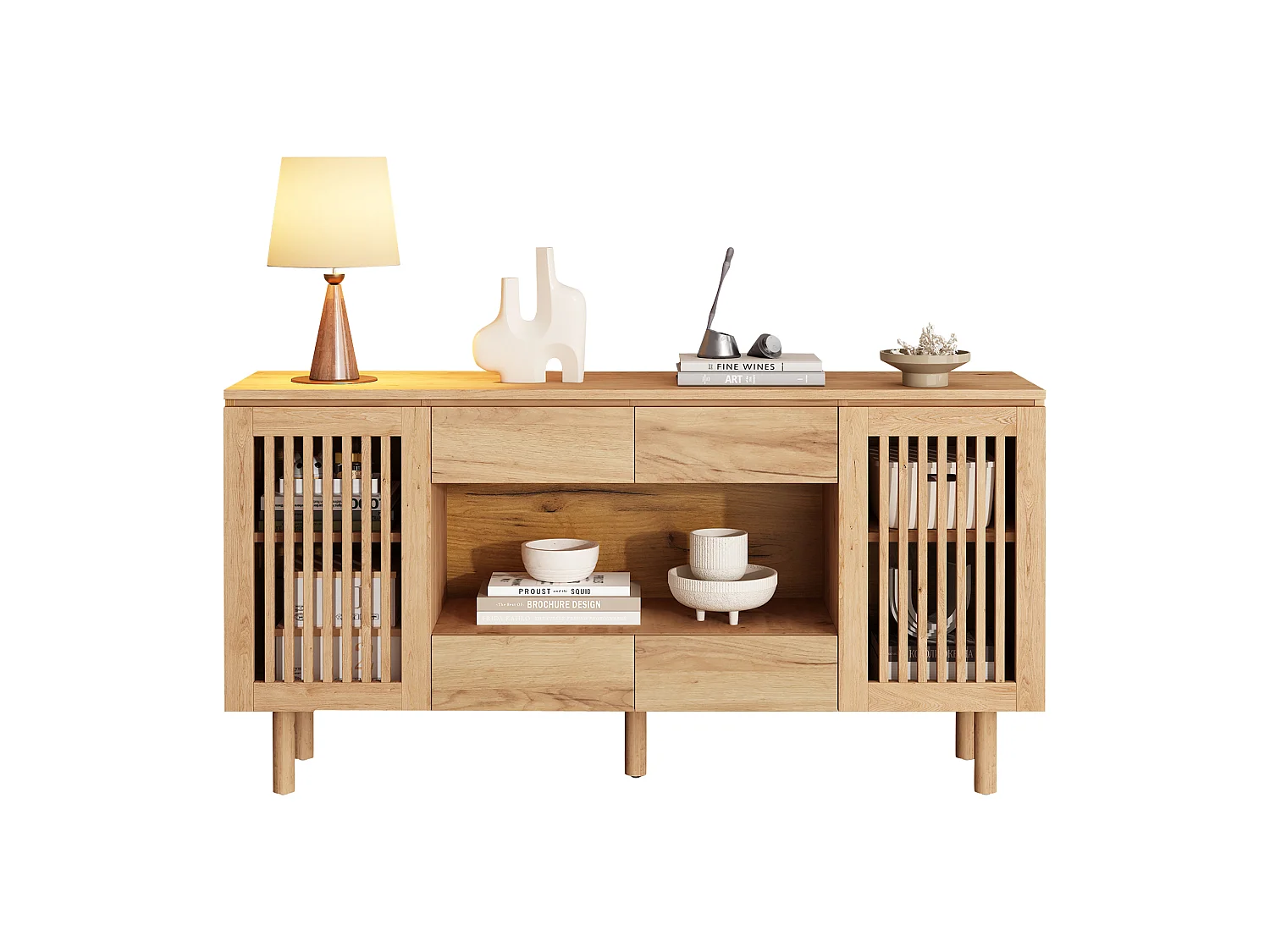 Buffet 140 x 35 x 71 cm - Com 4 gavetas e 2 portas de ripas - 5 pés em madeira maciça - MDF - Natural