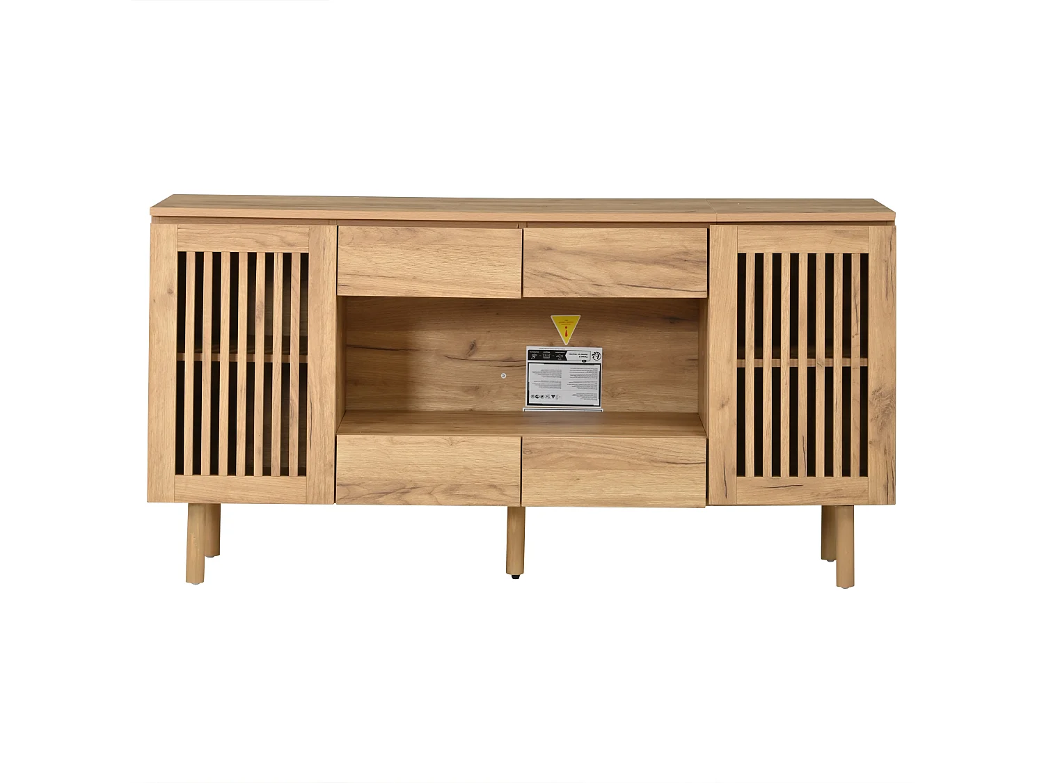Buffet 140 x 35 x 71 cm - Com 4 gavetas e 2 portas de ripas - 5 pés em madeira maciça - MDF - Natural