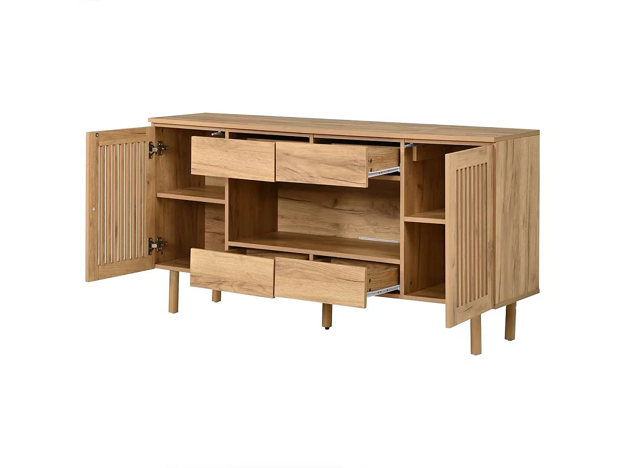 Buffet 140 x 35 x 71 cm - Com 4 gavetas e 2 portas de ripas - 5 pés em madeira maciça - MDF - Natural