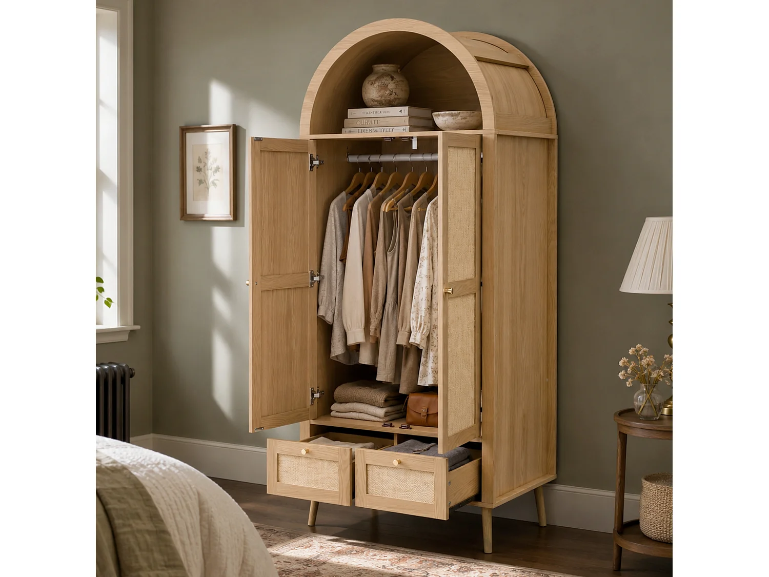 Schrank mit 2 Türen und 2 Schubladen - 80x55x180cm - Rattanpaneele - Bogenförmiges Design - mit Kleiderstange und offenen Regalen - Natur