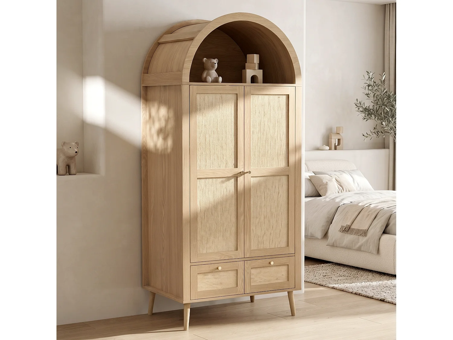 Schrank mit 2 Türen und 2 Schubladen - 80x55x180cm - Rattanpaneele - Bogenförmiges Design - mit Kleiderstange und offenen Regalen - Natur