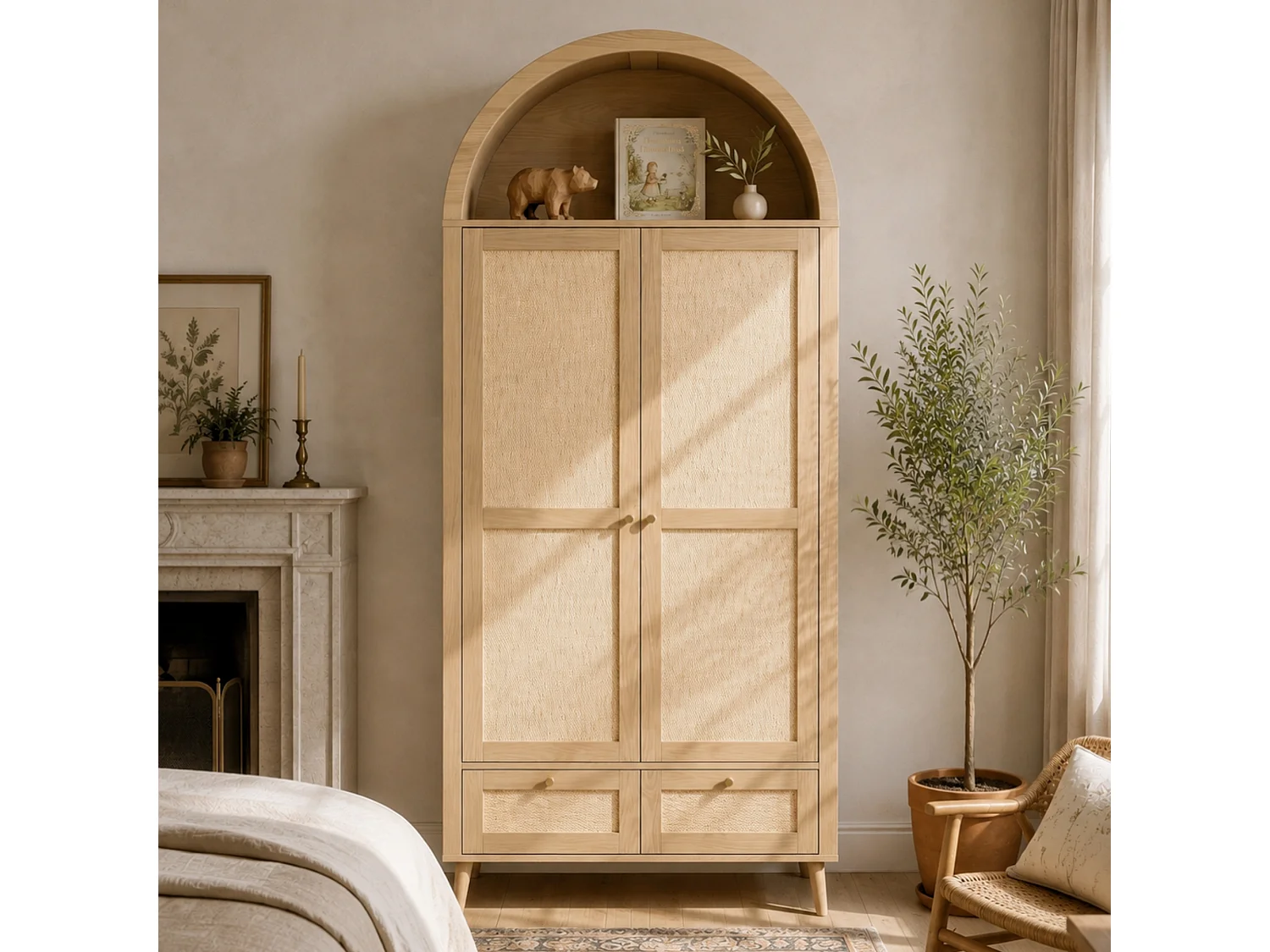 Schrank mit 2 Türen und 2 Schubladen - 80x55x180cm - Rattanpaneele - Bogenförmiges Design - mit Kleiderstange und offenen Regalen - Natur