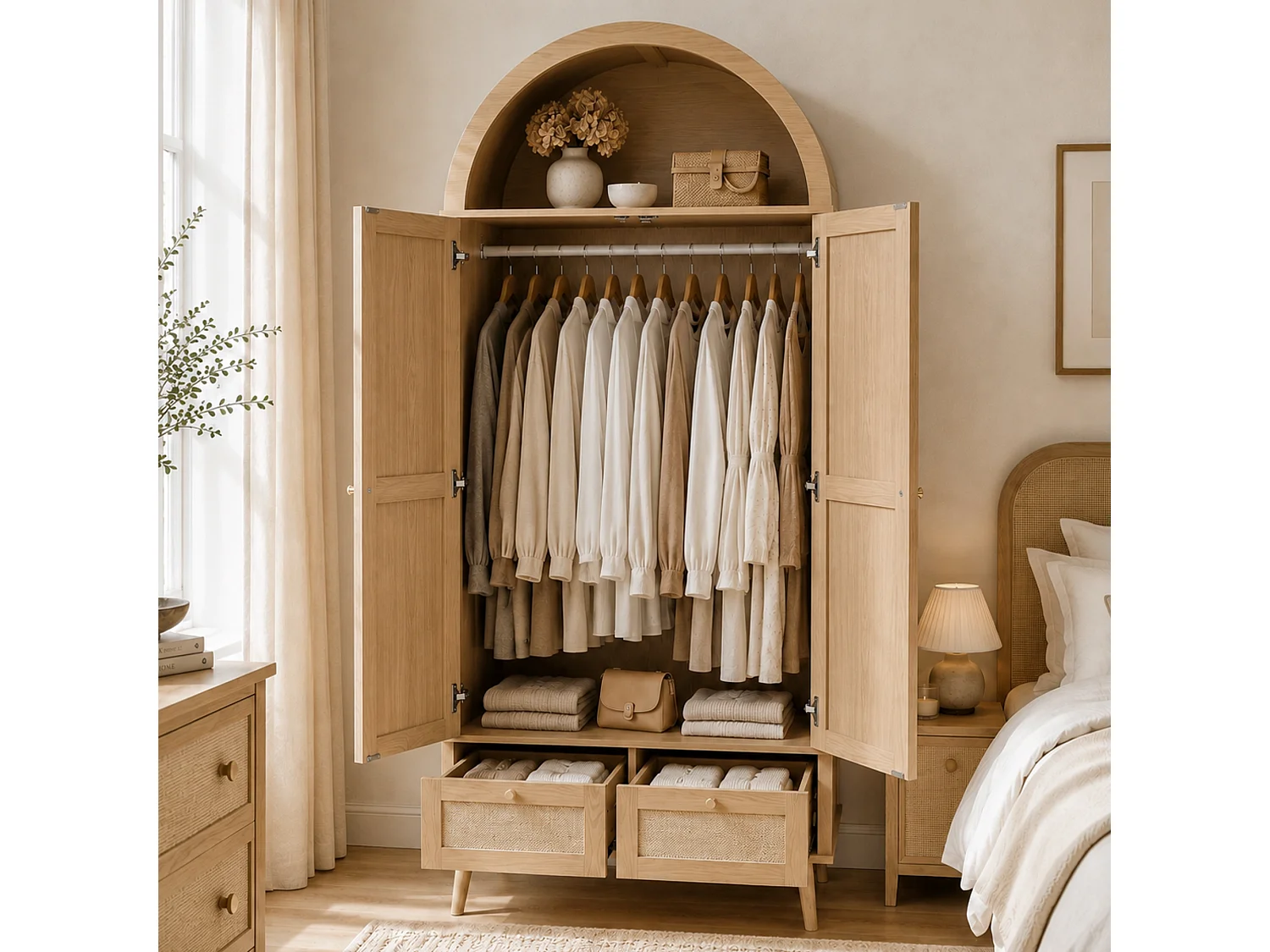 Schrank mit 2 Türen und 2 Schubladen - 80x55x180cm - Rattanpaneele - Bogenförmiges Design - mit Kleiderstange und offenen Regalen - Natur
