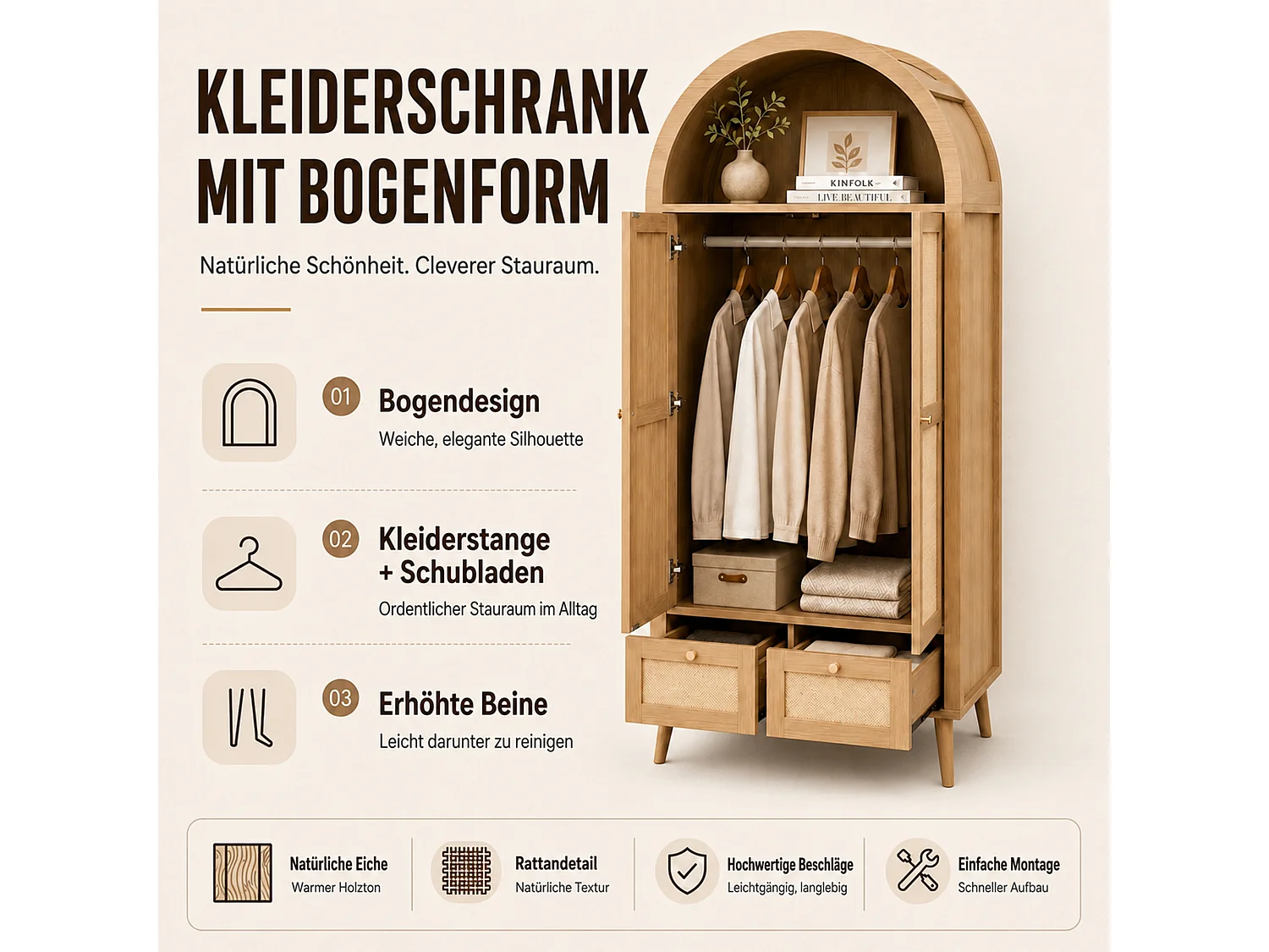 Schrank mit 2 Türen und 2 Schubladen - 80x55x180cm - Rattanpaneele - Bogenförmiges Design - mit Kleiderstange und offenen Regalen - Natur