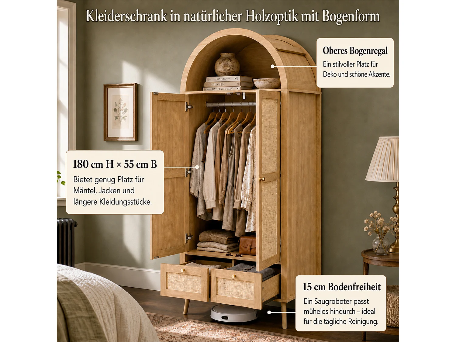 Schrank mit 2 Türen und 2 Schubladen - 80x55x180cm - Rattanpaneele - Bogenförmiges Design - mit Kleiderstange und offenen Regalen - Natur