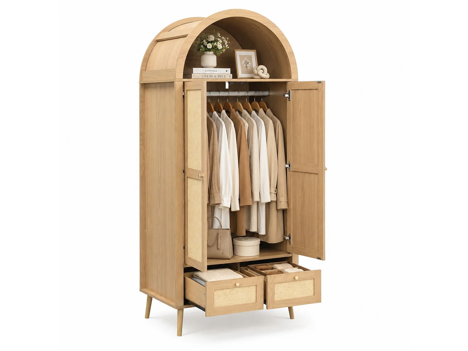 Schrank mit 2 Türen und 2 Schubladen - 80x55x180cm - Rattanpaneele - Bogenförmiges Design - mit Kleiderstange und offenen Regalen - Natur