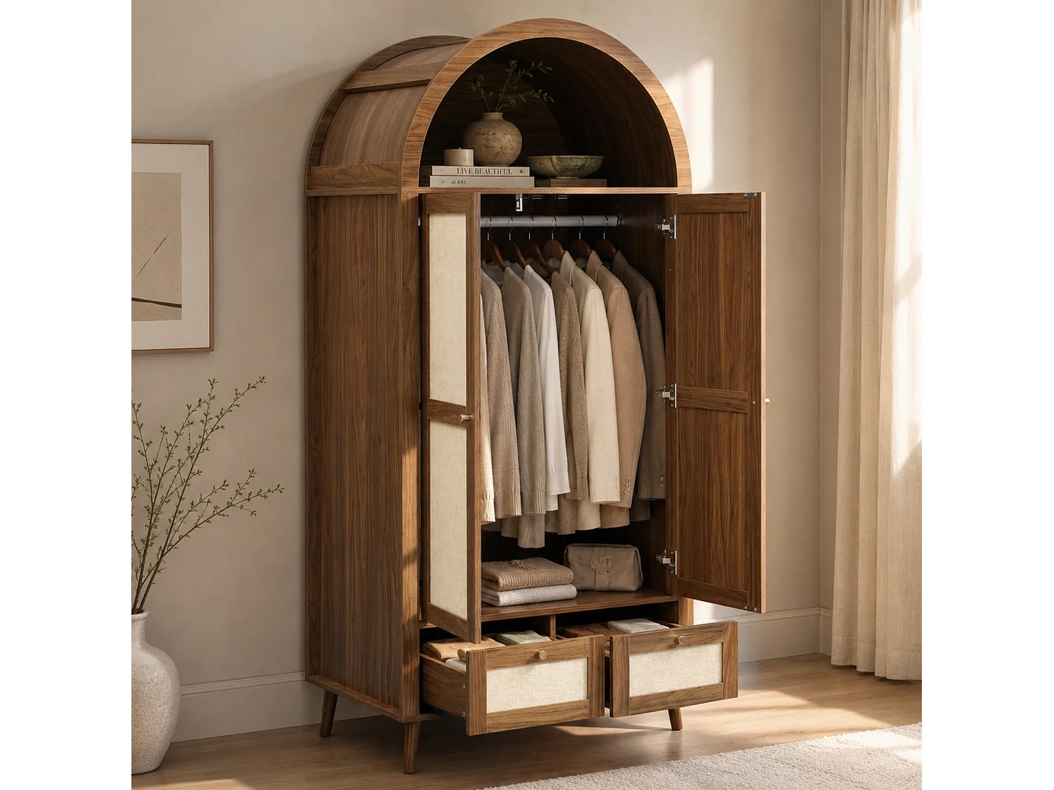 Schrank mit 2 Türen und 2 Schubladen - 80x55x180cm - Rattanpaneele - Bogenförmiges Design - mit Kleiderstange und offenen Regalen - Braun