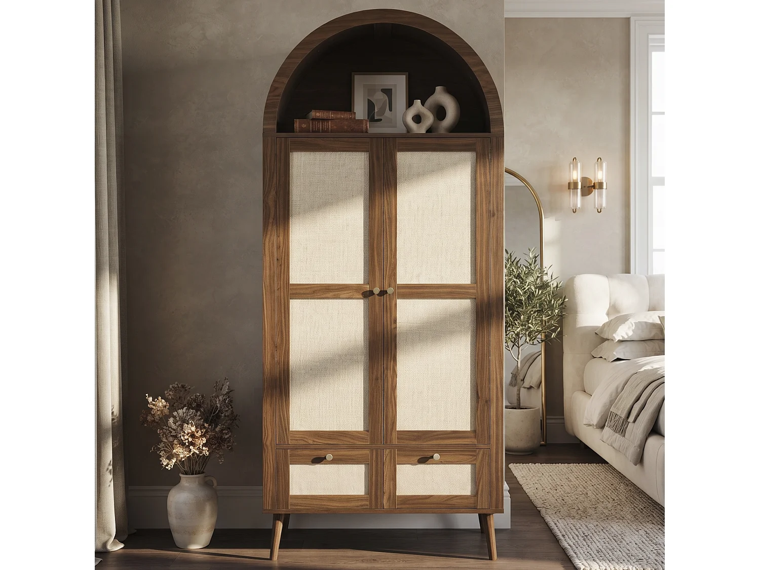 Schrank mit 2 Türen und 2 Schubladen - 80x55x180cm - Rattanpaneele - Bogenförmiges Design - mit Kleiderstange und offenen Regalen - Braun