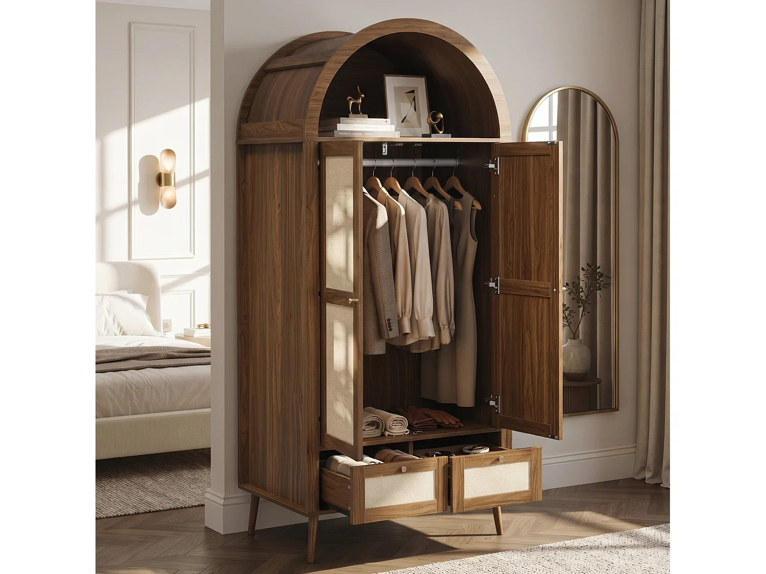 Schrank mit 2 Türen und 2 Schubladen - 80x55x180cm - Rattanpaneele - Bogenförmiges Design - mit Kleiderstange und offenen Regalen - Braun