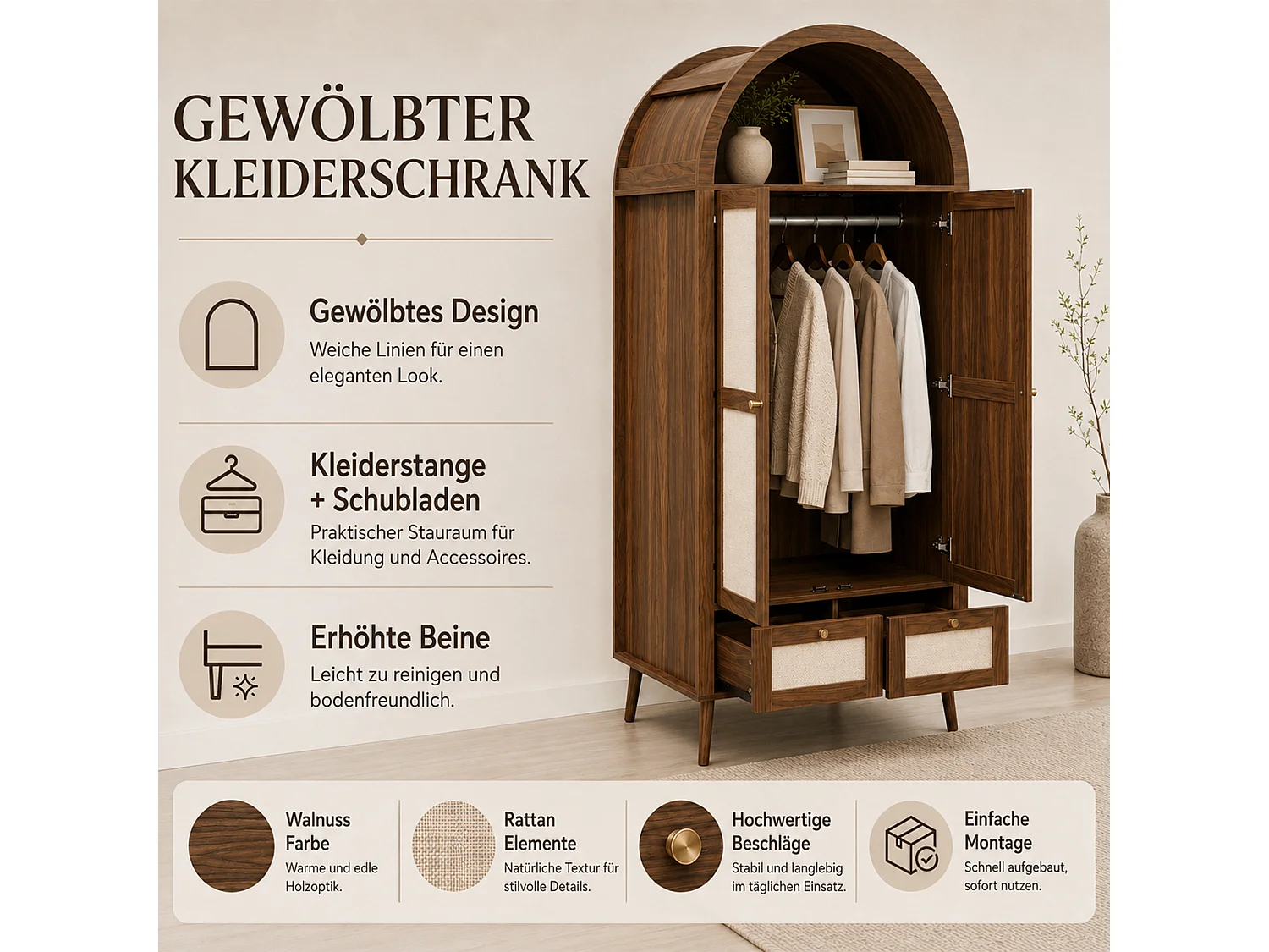 Schrank mit 2 Türen und 2 Schubladen - 80x55x180cm - Rattanpaneele - Bogenförmiges Design - mit Kleiderstange und offenen Regalen - Braun