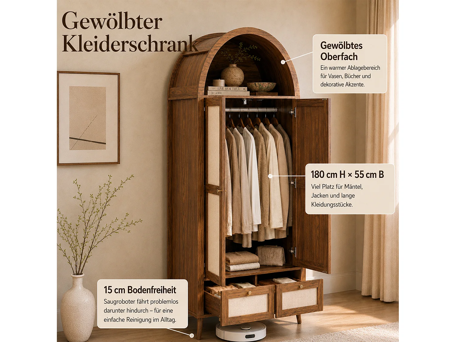 Schrank mit 2 Türen und 2 Schubladen - 80x55x180cm - Rattanpaneele - Bogenförmiges Design - mit Kleiderstange und offenen Regalen - Braun