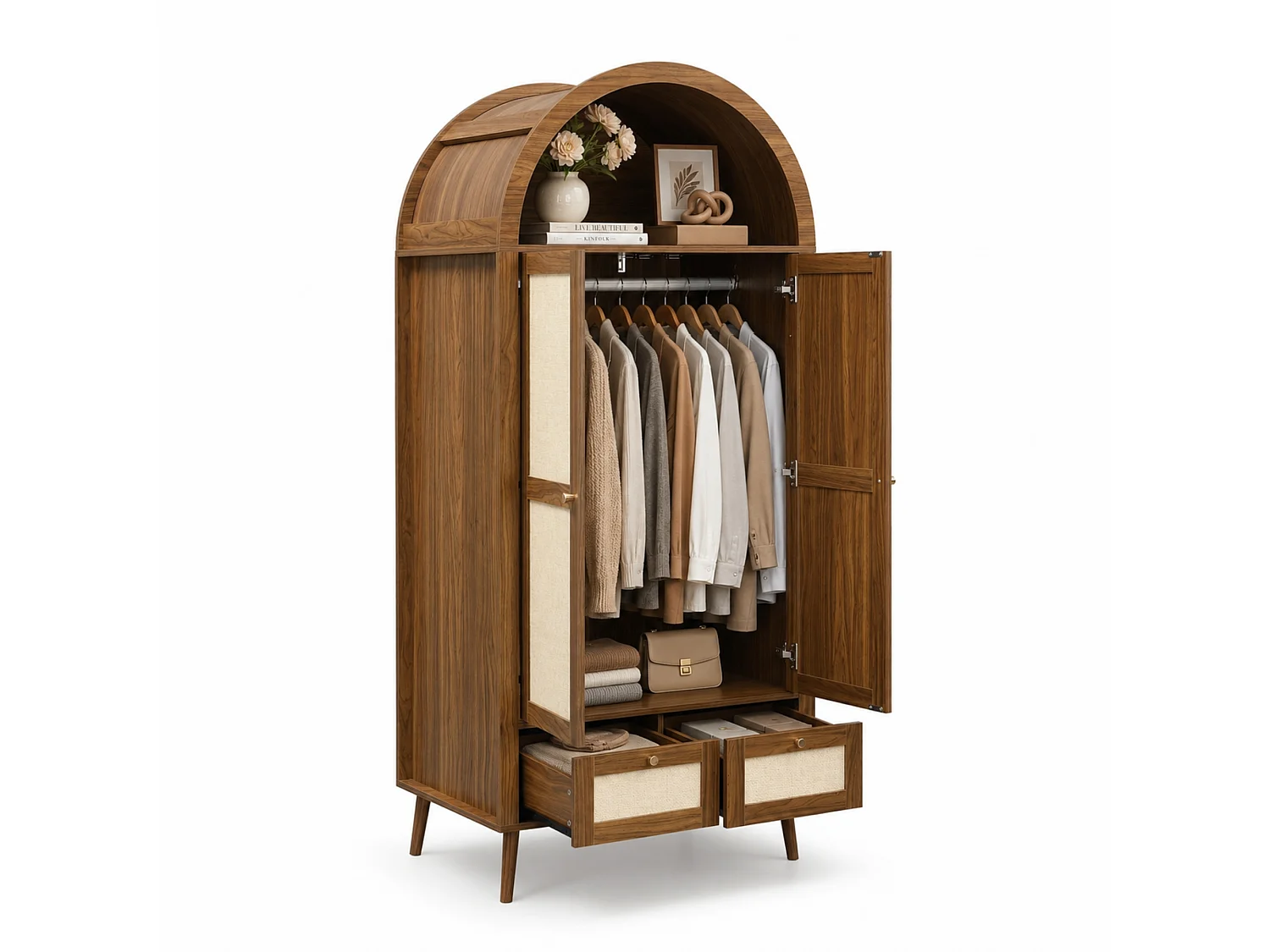 Schrank mit 2 Türen und 2 Schubladen - 80x55x180cm - Rattanpaneele - Bogenförmiges Design - mit Kleiderstange und offenen Regalen - Braun