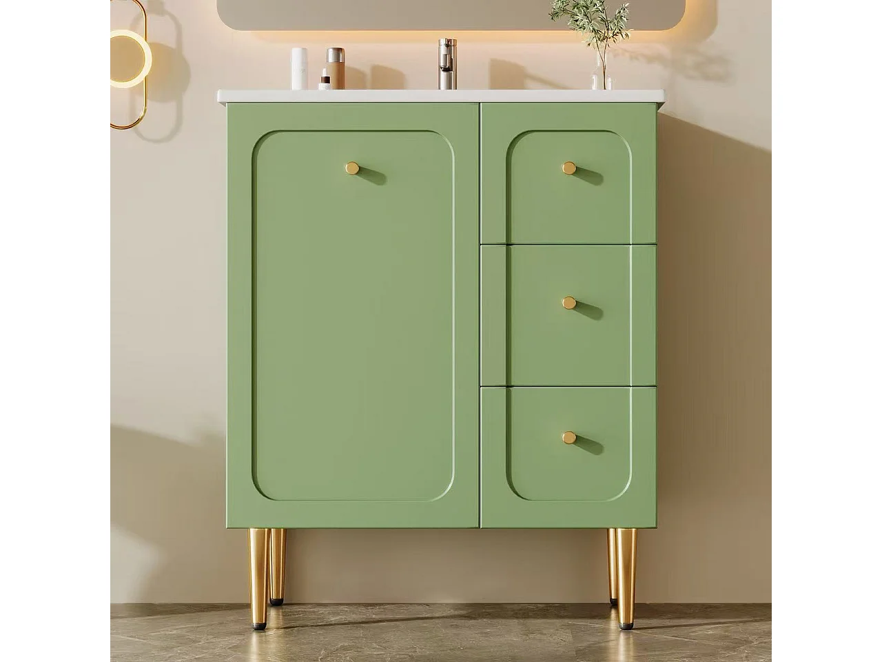 Bathroom cabinet with ceramic sink - Lacquered finish - 1 door and 2 drawers - Metal legs - MDF - Green