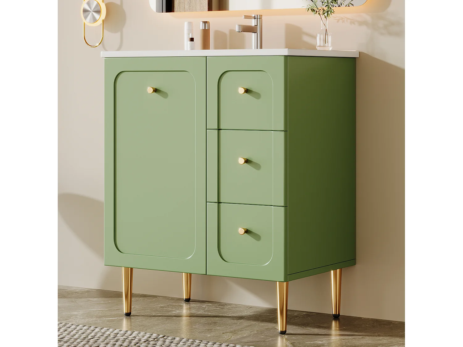 Bathroom cabinet with ceramic sink - Lacquered finish - 1 door and 2 drawers - Metal legs - MDF - Green